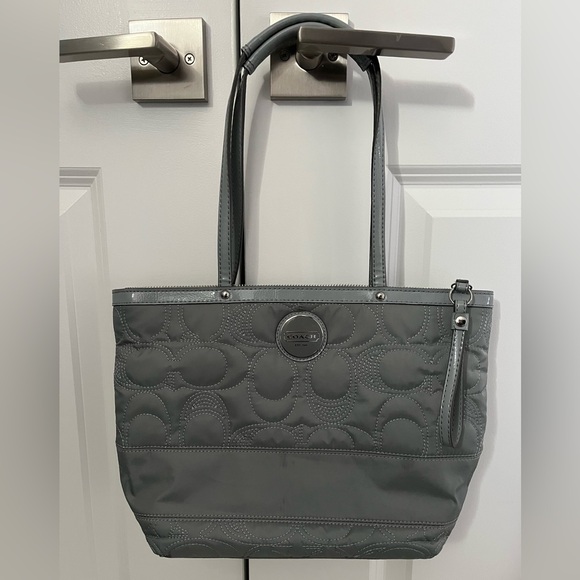 Coach Gray Signature Stitched Nylon/Leather Tote Bag - Picture 1 of 6